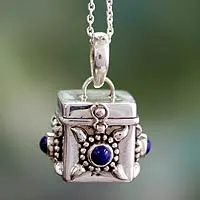 Lapis lazuli locket necklace, 'Royal Prayer' - Unique Indian Sterling Silver Locket Pendant