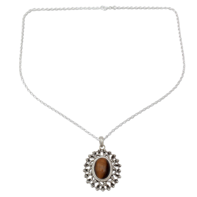Halskette mit Tigerauge-Anhänger, „Tawny Sun“ – handgefertigte Halskette aus Sterlingsilber und Tigerauge-Anhänger