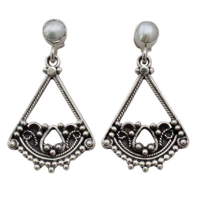 Cultured pearl dangle earrings, 'Whispers of Love' - Fair Trade Sterling Silver and Pearl Dangle Earrings