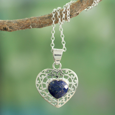 Lapis lazuli heart necklace, 'Mughal Romance' - Heart Shaped Sterling Silver and Lapis Lazuli Necklace