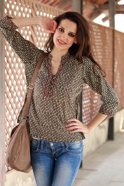 Cotton tunic, 'Midnight Jazz' - Cotton Patterned Tunic Top Block Printed by Hand