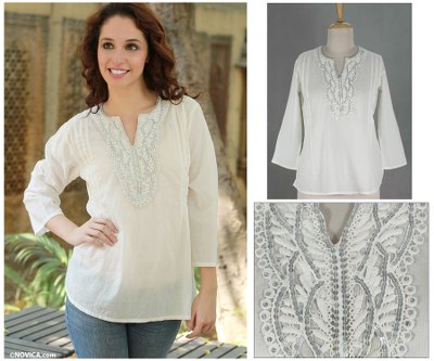 Cotton tunic, 'White Princess' - Cotton Tunic Top from India