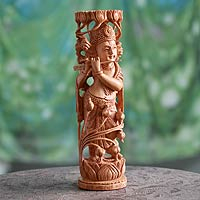 Wood sculpture, 'Song of Krishna' - Handmade Hinduism Wood Sculpture
