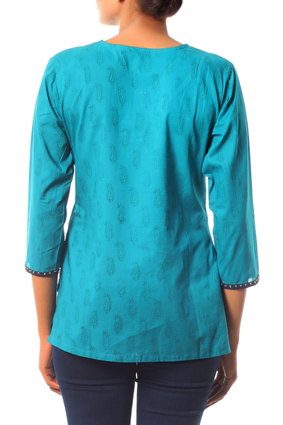 Túnica de algodón con pedrería - Top túnica de algodón blusa adornada block print hecha a mano