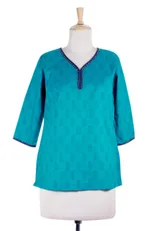 Beaded cotton tunic, 'Turquoise in Delhi' - Cotton Tunic Top Embellished Blouse Block Print Hand Made