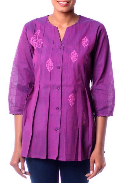 Beaded cotton blouse, 'Magenta Blush' - Beaded Cotton Tunic Blouse Block Printed by Hand