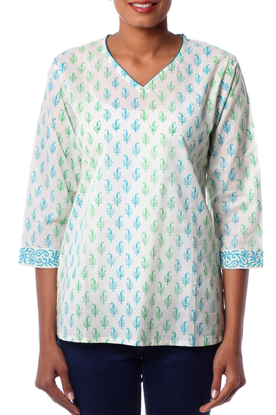 Túnica de mujer de algodón - Top tipo túnica con estampado de cachemira india de algodón para mujer
