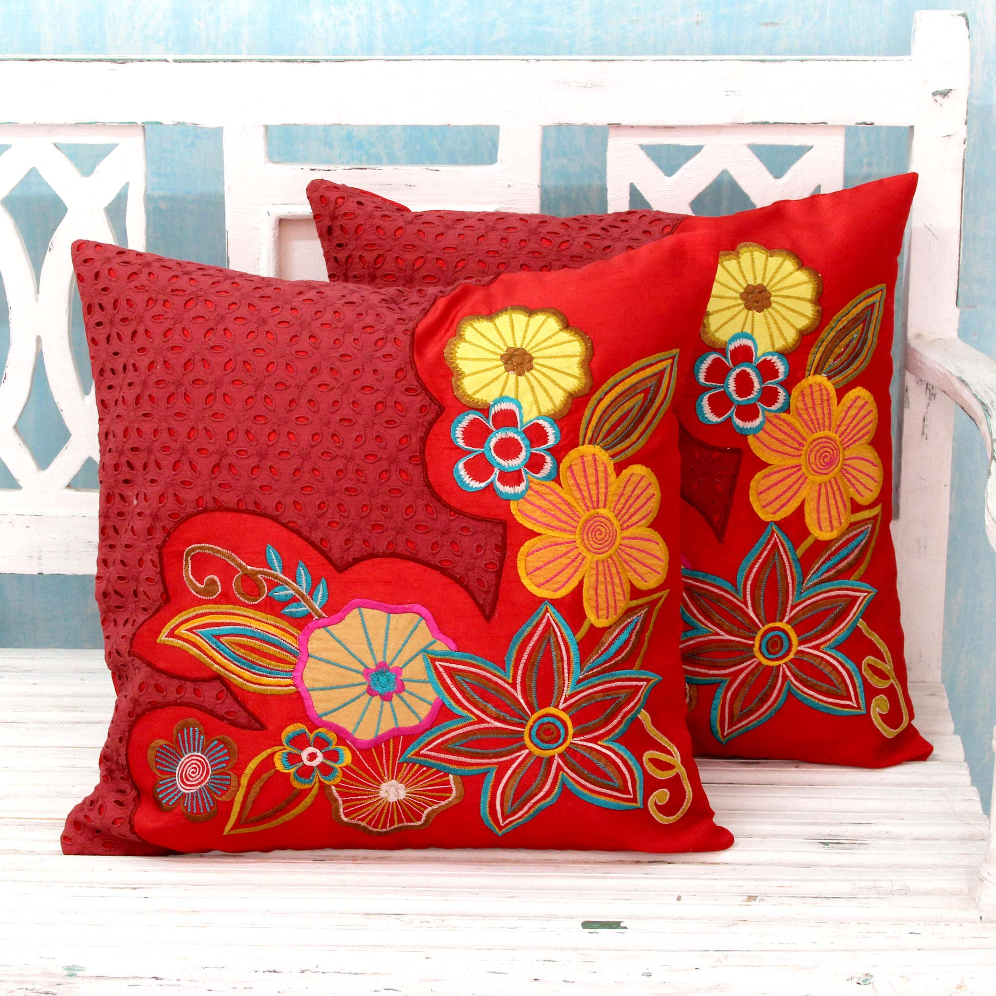 Applique cushion cover mixture of machine applique and hand embroidery flower design in pink and blue