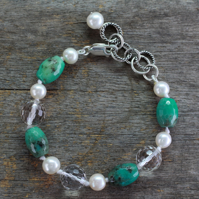 Handcrafted Pearl and Chrysoprase Bracelet - Sweet Dream | NOVICA