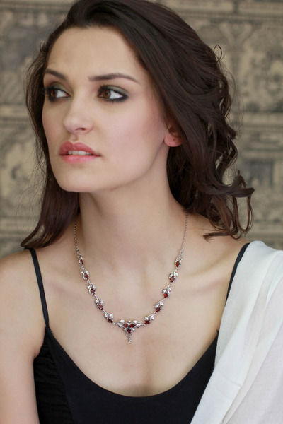 Garnet pendant necklace, 'Mumbai Garden' - Garnet Pendant Necklace