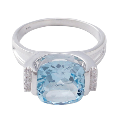 anillo de topacio azul - Anillo de topacio azul de una sola piedra hecho a mano en plata de primera ley