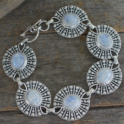 Moonstone link bracelet, 'Mughal Aura' - Sterling Silver and Moonstone Link Bracelet