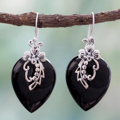 Onyx flower earrings, 'Midnight Magic' - Hand Crafted Sterling Silver Onyx Floral Earrings