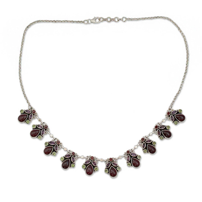 Garnet and amethyst pendant necklace, 'Delhi Dynasty' - Artisan Crafted Sterling Silver Multigem Necklace