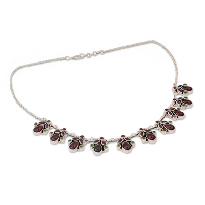Garnet and amethyst pendant necklace, 'Delhi Dynasty' - Artisan Crafted Sterling Silver Multigem Necklace