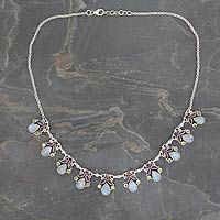 Rainbow moonstone and amethyst pendant necklace, 'Delhi Dynasty' - Handcrafted Multigem Sterling Silver Indian Necklace