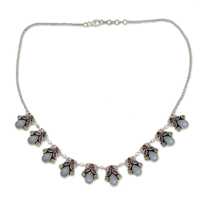 Regenbogen-Mondstein- und Amethyst-Anhänger-Halskette - Handgefertigte Halskette aus natürlichen Edelsteinen und Sterlingsilber