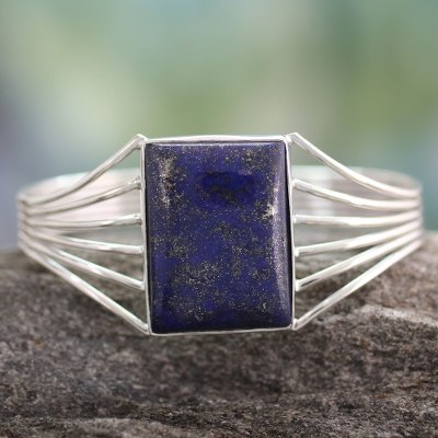 Lapis lazuli cuff bracelet, 'Royal Grandeur' - Sterling Silver Lapis Lazuli Cuff Bracelet Modern Jewelry