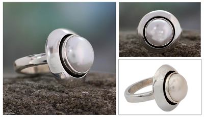 Cultured pearl cocktail ring, 'Jaipur Magic Moon' - India Women's Sterling Silver Single Stone Pearl Ring