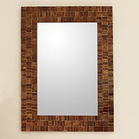 Glass mosaic wall mirror, 'Mumbai Maze' - Glass Tile Mirror Brown Gold Handcrafted in India