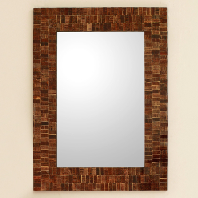 Glass mosaic wall mirror, 'Mumbai Maze' - Glass Tile Mirror Brown Gold Handcrafted in India