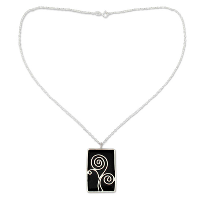 Onyx pendant necklace, 'Happy Tree' - Sterling Silver and Onyx Necklace Indian Modern Jewelry