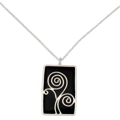 Onyx pendant necklace, 'Happy Tree' - Sterling Silver and Onyx Necklace Indian Modern Jewelry