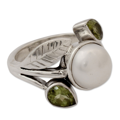 Cultured pearl and peridot cocktail ring, 'Mumbai Romance' - Pearl and Peridot Cocktail Ring from India Jewellery