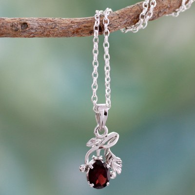 Garnet floral necklace, 'Hindu Melody' - Garnet floral necklace