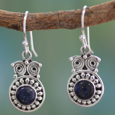 Lapis lazuli dangle earrings, 'Intuitive Owl' - Hand Crafted Sterling Silver and Lapis Lazuli Earrings