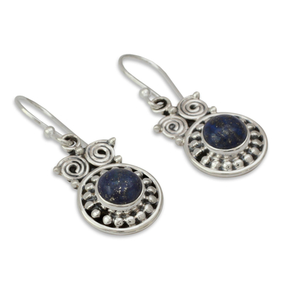 Lapis lazuli dangle earrings, 'Intuitive Owl' - Hand Crafted Sterling Silver and Lapis Lazuli Earrings