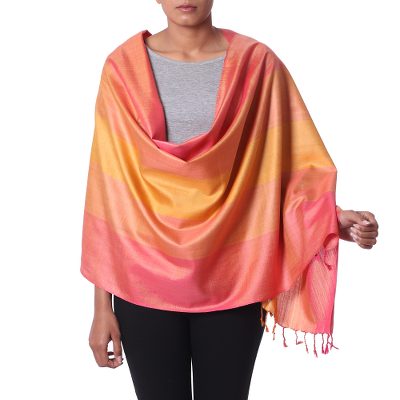 Silk shawl, 'Radiant' - Silk Striped Pink and Multicolor Shawl