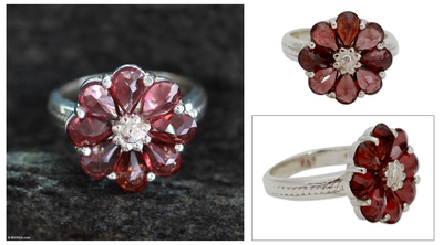 Garnet flower ring, 'Joyous Blossom' - Garnet Flower Ring Artisan Crafted with Sterling Silver