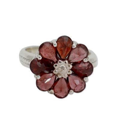 Garnet flower ring, 'Joyous Blossom' - Garnet Flower Ring Artisan Crafted with Sterling Silver