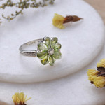 Peridot flower ring, 'Joyous Blossom' - Floral Sterling Silver and Peridot Cocktail Ring