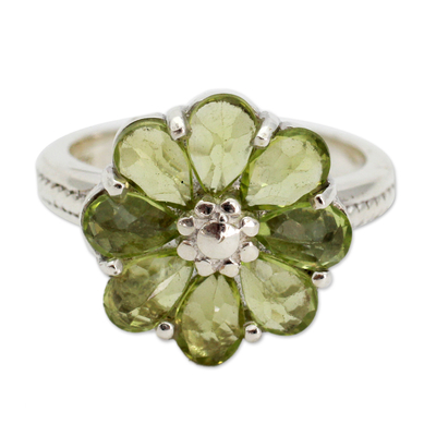 Peridot flower ring, 'Joyous Blossom' - Floral Sterling Silver and Peridot Cocktail Ring