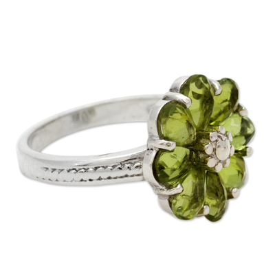 Peridot flower ring, 'Joyous Blossom' - Floral Sterling Silver and Peridot Cocktail Ring