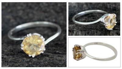 Citrine solitaire ring, 'Delhi Crown' - Handcrafted Sterling Silver Solitaire Citrine Ring