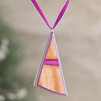 Indian elm wood pendant necklace, 'Modernity' - Wood and Leather Necklace Handcrafted Modern Jewellery 