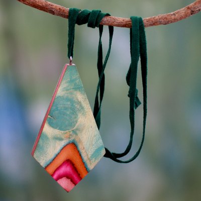 Leather and Indian elm wood pendant necklace, 'Splashing Holi' - Wood and Leather Necklace colourful jewellery from India