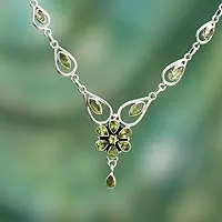 Peridot Y-necklace, 'Floral Lady' - Peridot Necklace 11.5 Cts Sterling Silver India Jewelry