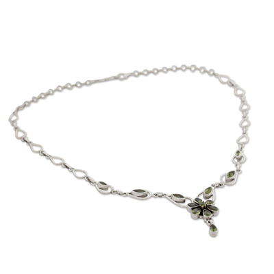 Peridot Y-necklace, 'Floral Lady' - Peridot Necklace 11.5 Cts Sterling Silver India Jewellery
