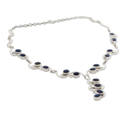 Lapis lazuli Y necklace, 'Lotus Buds' - Handmade Sterling Silver Y Necklace with Lapis Lazuli 