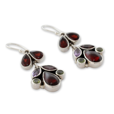 Garnet and amethyst dangle earrings, 'Elegance' - Garnet and amethyst dangle earrings