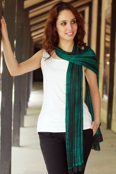 Beaded crinkle silk scarf, 'Emeralds' - Beaded crinkle silk scarf