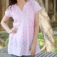 Blusa de algodón, 'Rose Harmony' - Top de túnica de algodón floral indio rosa y blanco