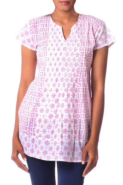 Blusa de algodón - Top túnica floral rosa y blanco de algodón floral indio