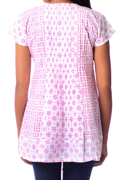 Cotton blouse, 'Rose Harmony' - Indian Floral Cotton Pink and White Tunic Top