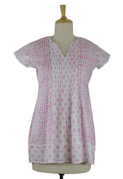 Blusa de algodón - Top túnica floral rosa y blanco de algodón floral indio