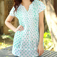 Block Print Cotton Patterned Tunic Top,'Teal Harmony'